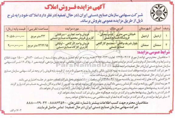 مزایده, مزایده فروش املاک تجاری و کارگاهی 