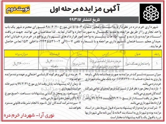 مزایده، مزایده اجاره یک باب واحد تجاری - نوبت دوم