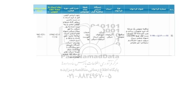 مناقصه عمومی، مناقصه خرید تجهیزات، ساخت و نصب کلیدخانه 20 کیلوولت پست