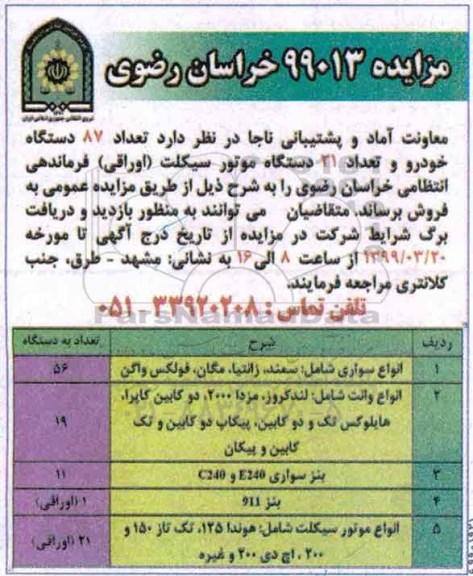 آگهی مزایده, مزایده تعداد 87 دستگاه خودرو...