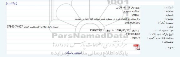 مناقصه برقرسانی و انتقال نیرو در سطح شهرستان کوه چنار و خشت     