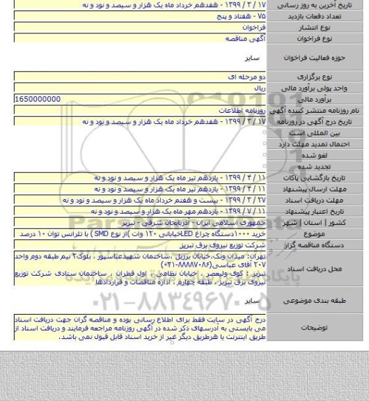 خرید ۱۰۰۰دستگاه چراغ LEDخیابانی ۱۲۰ وات )از نوع  SMD ) با تلرانس توان ۱۰ درصد