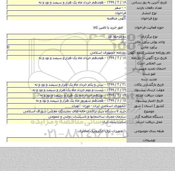 خرید ۷ دستگاه چیلر تراکمی خانه های نمایندگان مجلس شورای اسلامی
