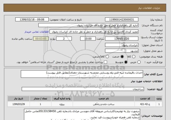 استعلام احداث باقیمانده ابنیه فنی راه روستایی محمدیه شهرستان جغتای(مطابق فایل پیوست)