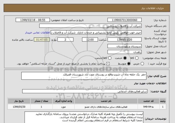 استعلام حفر  یک حلقه چاه آب شرب واقع در روستای چوت آباد شهرستان قصرقند 