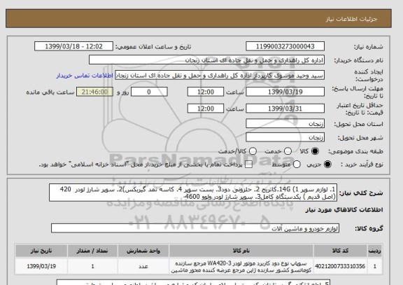 استعلام 1. لوازم سوپر 14G (1.کاتریج 2. حلزونی دود3. بست سوپر 4. کاسه نمد گیربکس)2. سوپر شارژ لودر  420 (اصل قدیم ) یکدستگاه کامل3. سوپر شارژ لودر ولوو 4600- 