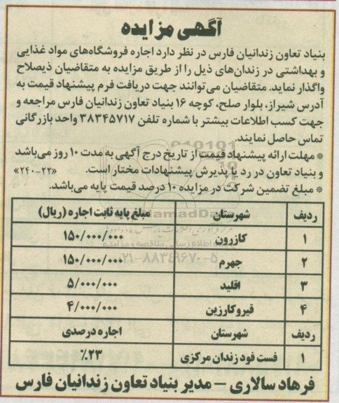 مزایده , مزایده اجاره فروشگاههای مواد غذایی و بهداشتی