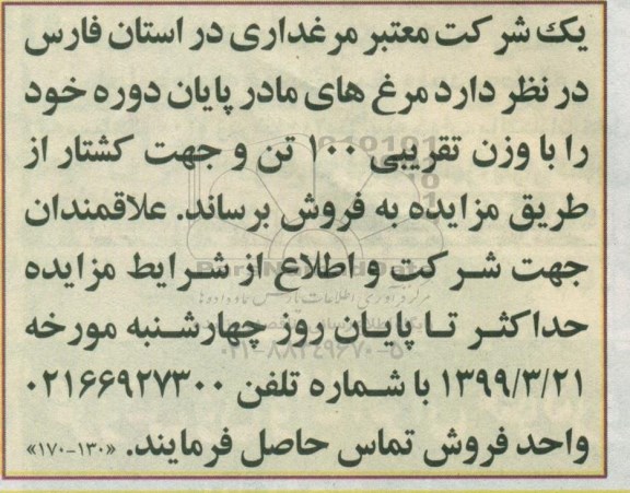 مزایده , مزایده مرغ های مادر پایان دوره 