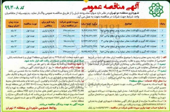 آگهی مناقصه، مناقصه عملیات لکه گیری و نگهداشت معابر سواره رو