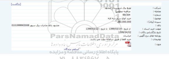 مناقصه, مناقصه خرید انواع سیم سه لایه 