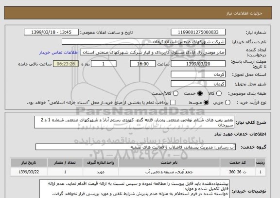 استعلام تعمیر پمپ ھای شناور نواحی صنعتی رودبار، قلعه گنج، کھنوج، رستم آباد و شھرکھای صنعتی شماره 1 و 2 سیرجان