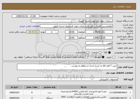 استعلام خرید 7 قلم کالا به شرح اسناد استعلام به پیوست