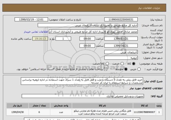 استعلام خرید فایل ریلی به تعداد 5 دستگاه و درب و قفل فایل به تعداد 1 سری جهت استفاده در اداره ارومیه براساس مشخصات و شرایط استعلام با ایران کد مشابه