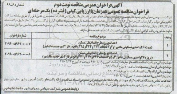 فراخوان عمومی , فراخوان مناقصه احداث پروژه طرح اقدام ملی مسکن- نوبت دوم 