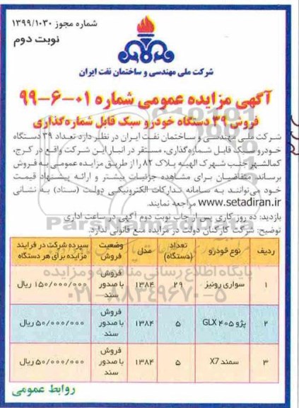 مزایده ، مزایده فروش 39 دستگاه خودرو سبک قابل شماره گذاری  - نوبت دوم 