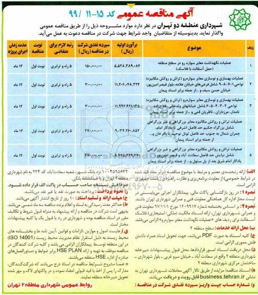آگهی مناقصه،مناقصه عملیات نگهداشت معابر سواره رو در سطح منطقه و ...