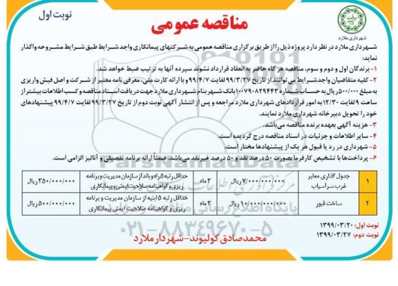 مناقصه عمومی ، مناقصه جدول گذاری معابر غرب 