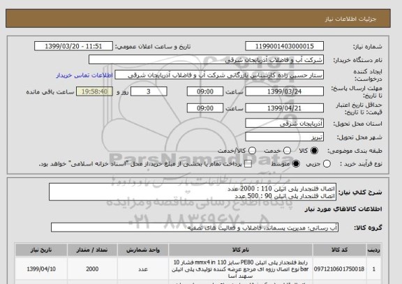 استعلام اتصال فلنجدار پلی اتیلن 110 : 2000 عدد
اتصال فلنجدار پلی اتیلن 90 : 500 عدد