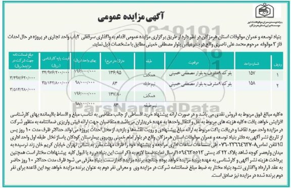 آگهی مزایده عمومی,مزایده واگذاری سرقفلی 2 باب واحد تجاری