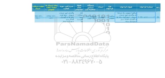 مناقصه واگذاری  امور خدمات شهری، جمع آوری زباله ها و نگهداری فضای سبز 