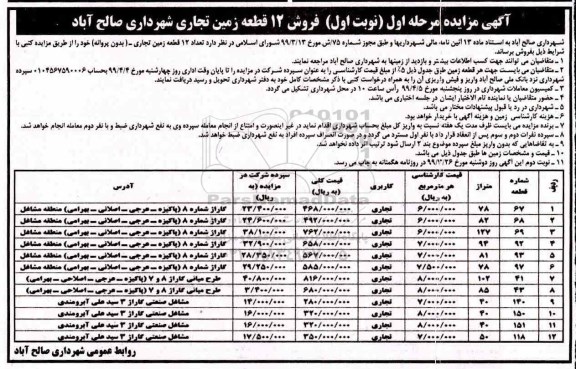 مزایده،مزایده فروش 12 قطعه زمین تجاری نوبت اول مرحله اول 