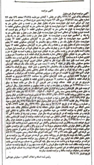 مزایده,مزایده ششدانگ پلاک ثبتی 1222.12 بخش 1