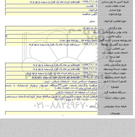 مناقصه واگذاری خدمات تامین۳۳دستگاه خودروی سواری استیجاری با راننده (یکساله) بشماره ۲۰۹۹۰۰۱۱۸۶۰۰۰۰۰۷