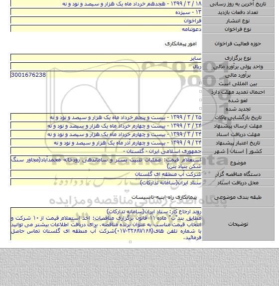 استعلام قیمت: عملیات تثبیت بستر و ساماندهی رودخانه محمدآباد(مجاور سنگ شکن بنیاد بتن)