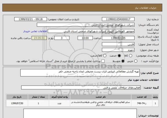 استعلام تهیه گزارش مطالعاتی ارزیابی اثرات زیست محیطی ایجاد ناحیه صنعتی خفر