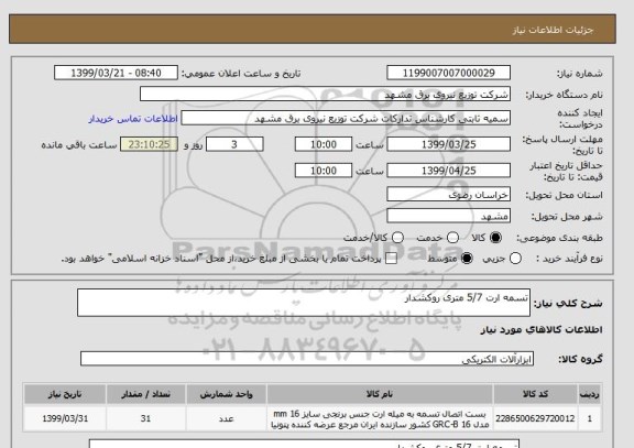 استعلام تسمه ارت 5/7 متری روکشدار 