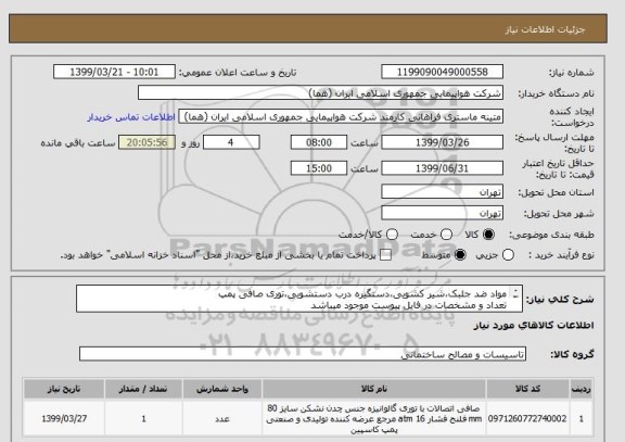 استعلام مواد ضد جلبک،شیر کشویی،دستگیره درب دستشویی،توری صافی پمپ
تعداد و مشخصات در فایل پیوست موجود میباشد
ایران کد جهت تشابه میباشد

