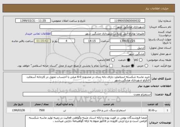 استعلام خرید ماسه شکسته استاندارد دارای دانه بندی در محدوده 0-6 میلی با احتساب تحویل در کارخانه آسفالت کنکرلو شهرداری مشگین شهر