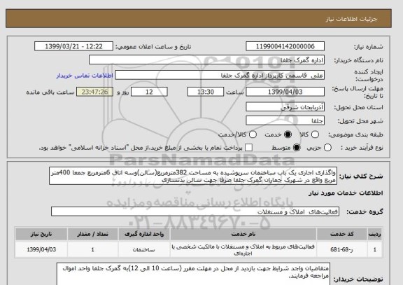 استعلام واگذاری اجاری یک باب ساختمان سرپوشیده به مساحت 382مترمربع(سالن)وسه اتاق 6مترمربع جمعا 400متر مربع واقع در شهرک جماران گمرک جلفا صرفا جهت سالن بدنسازی