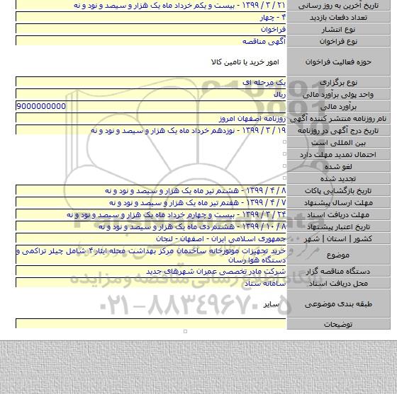 خرید تجهیزات موتورخانه ساختمان مرکز بهداشت محله ایثار ۴ شامل چیلر تراکمی و دستگاه هوا رسان