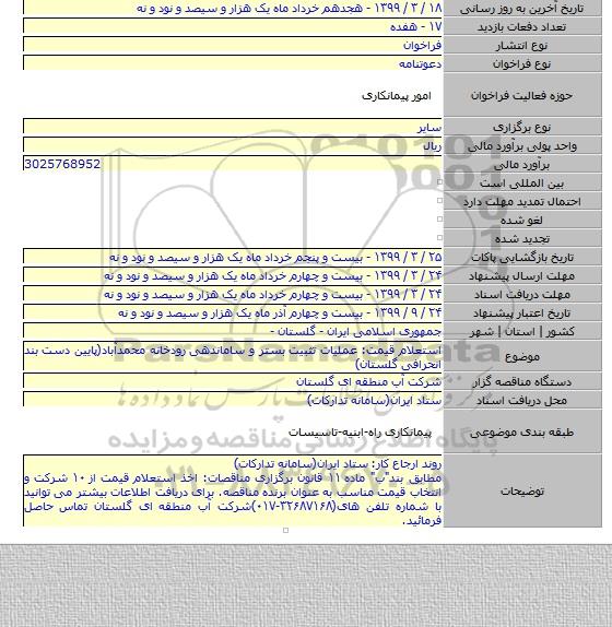 استعلام قیمت: عملیات تثبیت بستر و ساماندهی رودخانه محمدآباد(پایین دست بند انحرافی گلستان)