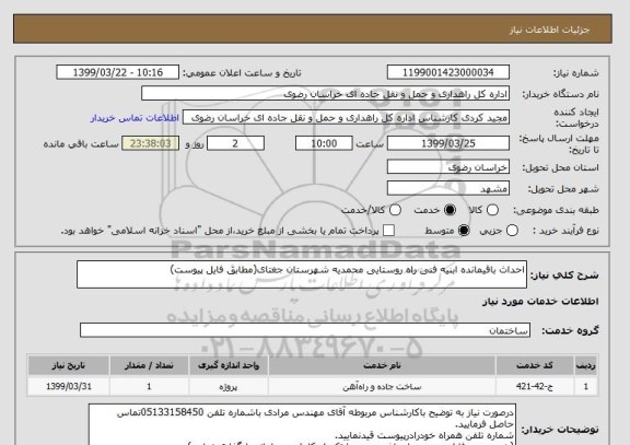 استعلام احداث باقیمانده ابنیه فنی راه روستایی محمدیه شهرستان جغتای(مطابق فایل پیوست)