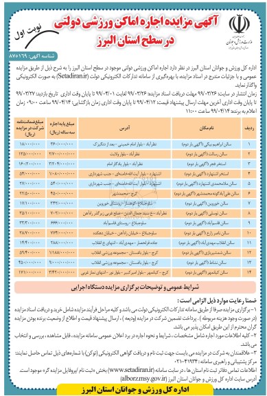 مزایده، مزایده اجاره اماکن ورزشی دولتی 