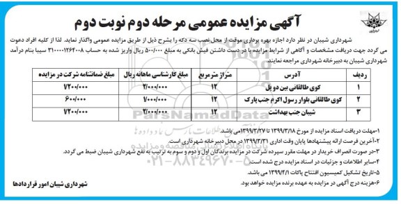 مزایده ،مزایده اجاره بهره برداری موقت از محل نصب سه دکه- نوبت دوم