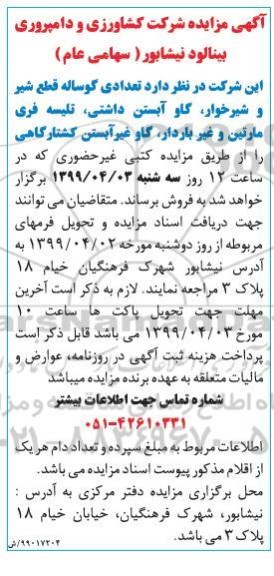 مزایده , مزایده تعدادی گوساله قطع شیر و شیرخوار، گاو آبستن داشتی و ...