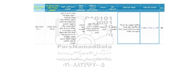 مناقصه واگذاری امور تغذیه بیمارستان