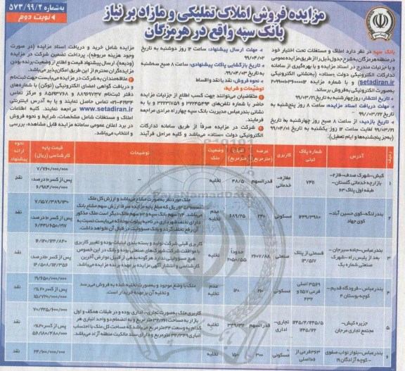 مزایده مزایده فروش املاک تملیکی مازاد شماره 573.99.2 نوبت دوم