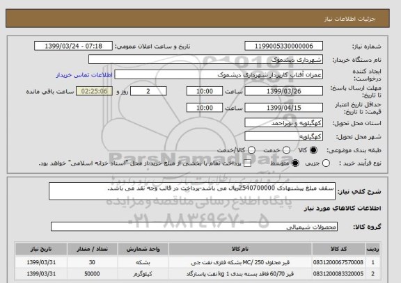 استعلام سقف مبلغ پیشنهادی 2540700000ریال می باشد-پرداخت در قالب وجه نقد می باشد.