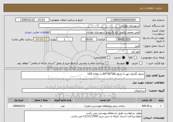 استعلام جدول گذاری نهر با جدول 20*50*60 با دهانه 100