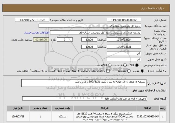 استعلام  تسویه از محل اوراق خزانه با سر رسید 1399/4/31 می باشد
