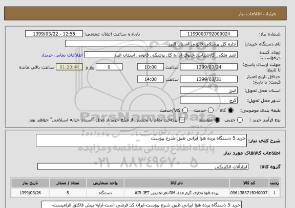 استعلام خرید 5 دستگاه پرده هوا ایرانی طبق شرح پیوست