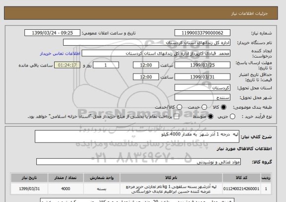 استعلام لپه  درجه 1 آذر شهر  به مقدار 4000 کیلو 