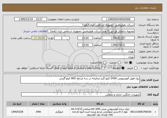 استعلام رول فویل آلومینیومی 2400 کیلو گرم سالیانه در سه مرحله 800 کیلو گرمی 