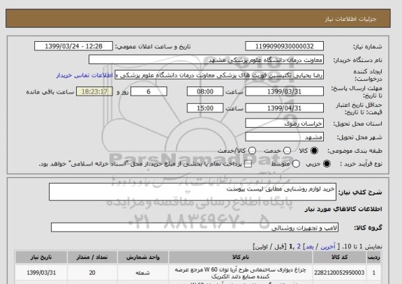 استعلام خرید لوازم روشنایی مطابق لیست پیوست