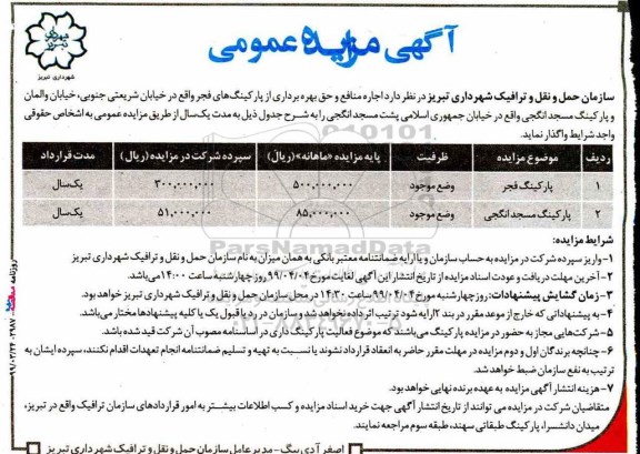 آگهی مزایده عمومی , مزایده اجاره منافع و حق بهره برداری از پارکینگ ها
