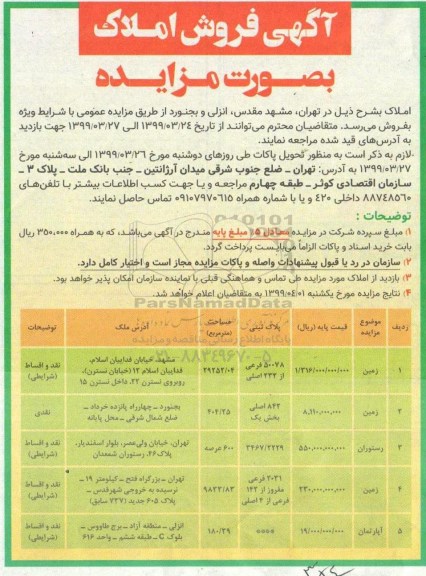 مزایده،مزایده فروش املاک زمین و آپارتمان رستوران 